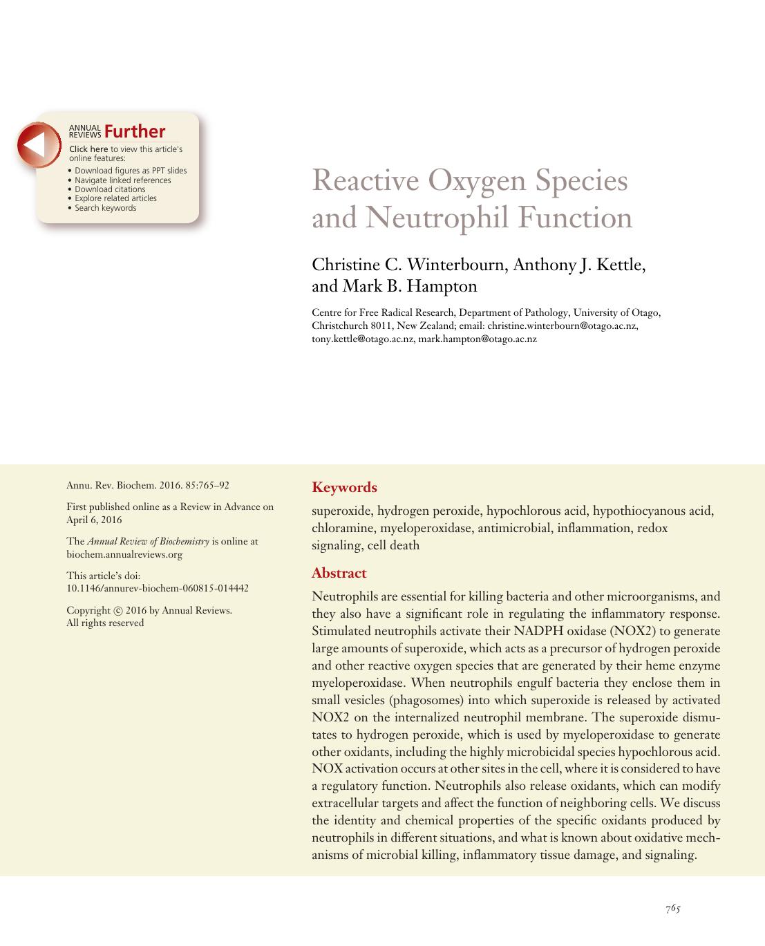 Reactive Oxygen Species and Neutrophil Function by Christine C. Winterbourn Anthony J. Kettle and Mark B. Hampton