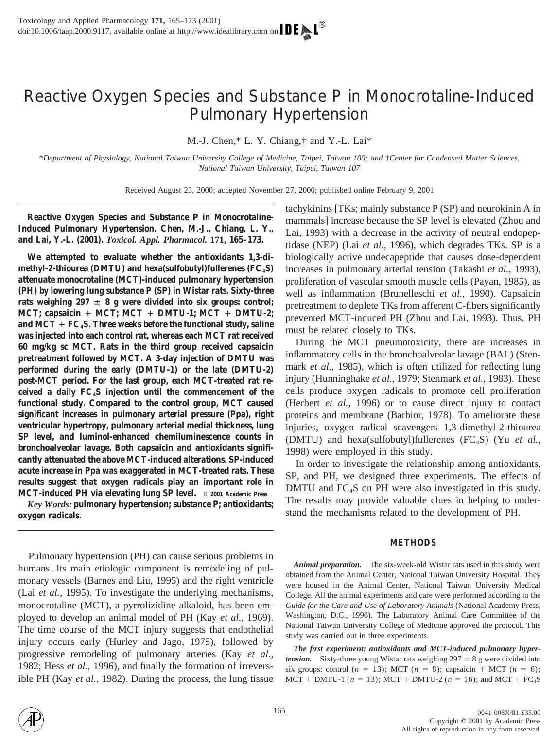 Reactive Oxygen Species and Substance P in Monocrotaline-Induced Pulmonary Hypertension by Chen M. et al
