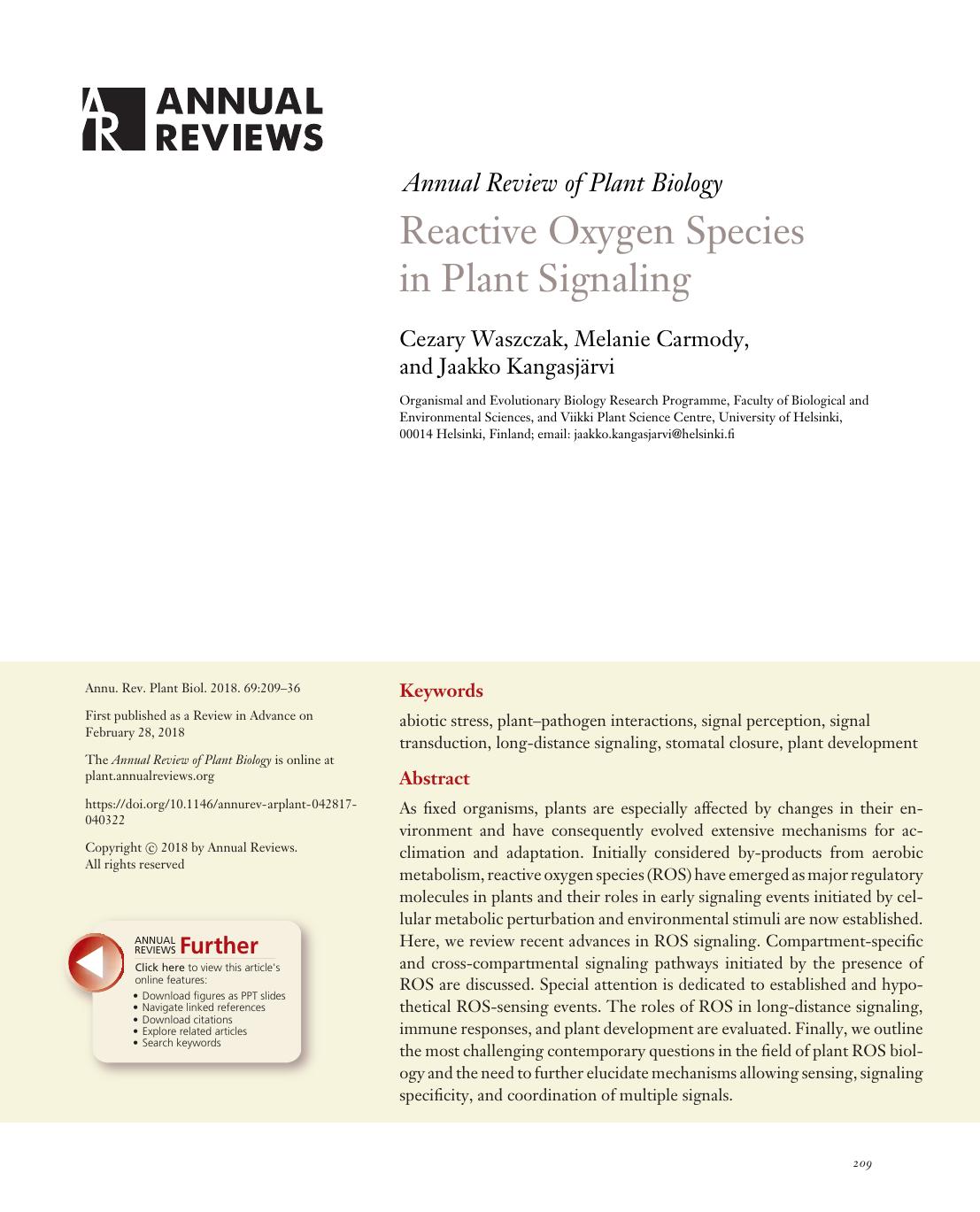 Reactive Oxygen Species in Plant Signaling by Cezary Waszczak Melanie Carmody and Jaakko Kangasjärvi
