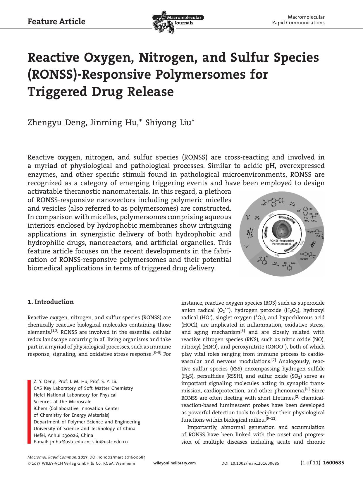 Reactive Oxygen, Nitrogen, and Sulfur Species (RONSS)‐Responsive Polymersomes for Triggered Drug Release by Unknown
