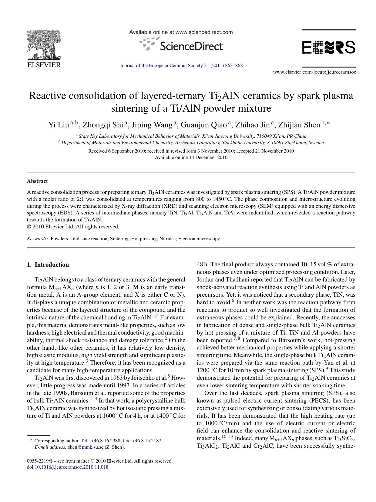 Reactive consolidation of layered-ternary Ti2AlN ceramics by spark plasma sintering of a TiAlN powder mixture by Yi Liu