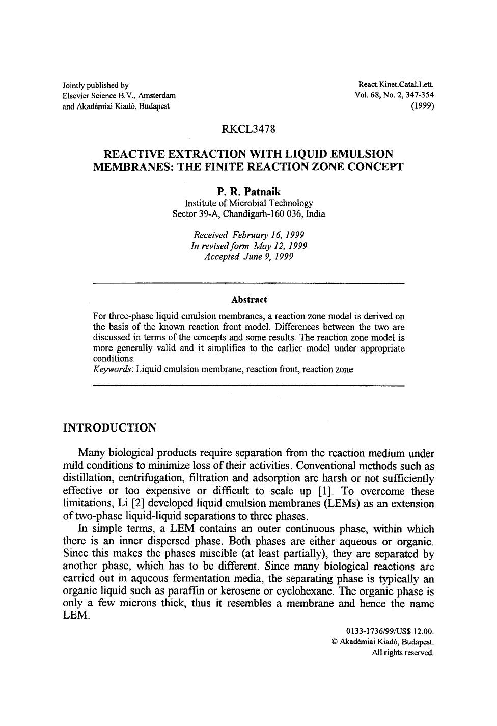 Reactive extraction with liquid emulsion membranes: The finite reaction zone concept by Unknown