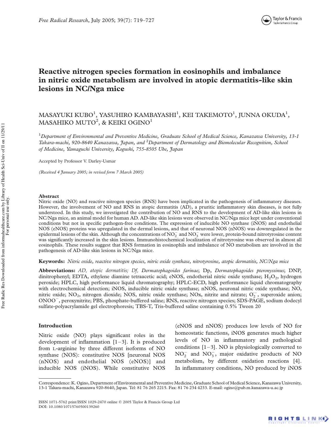 Reactive nitrogen species formation in eosinophils and imbalance in nitric oxide metabolism are involved in atopic dermatitis-like skin lesions in NCNga mice by unknow