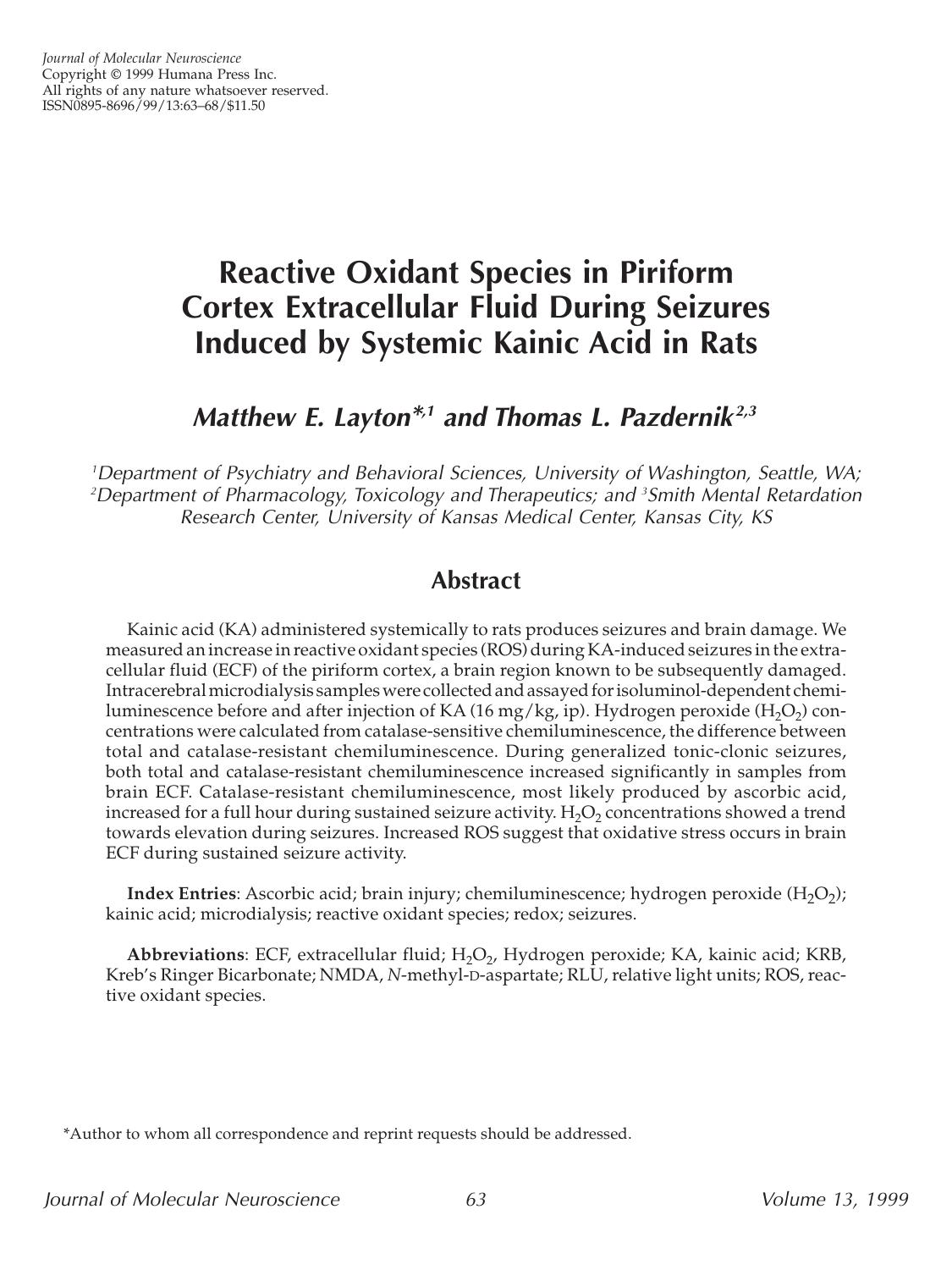 Reactive oxidant species in piriform cortex extracellular fluid during seizures induced by systemic kainic acid in rats by Unknown