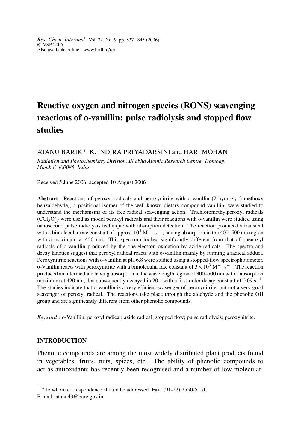 Reactive oxygen and nitrogen species (RONS) scavenging reactions of o-vanillin: Pulse radiolysis and stopped flow studies by Unknown