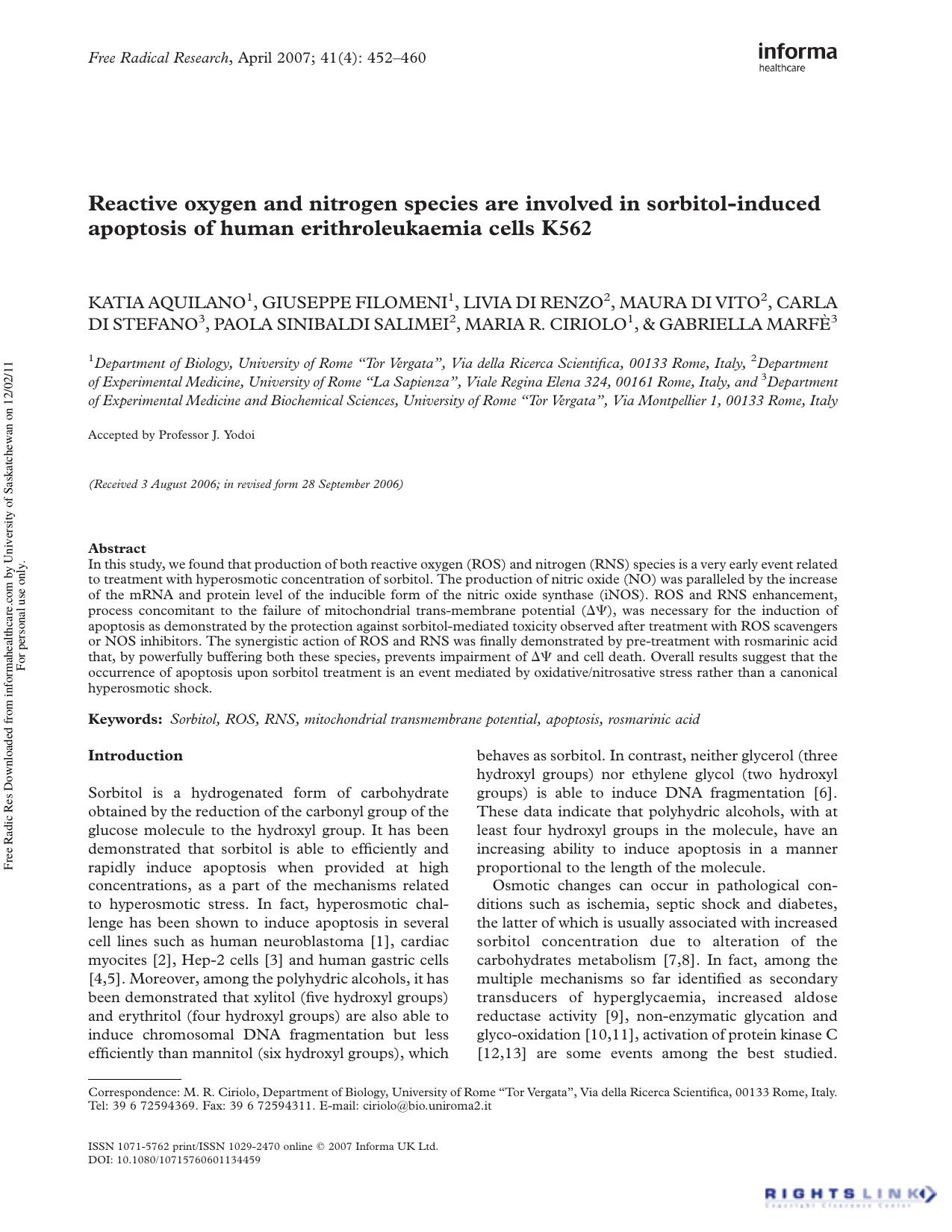 Reactive oxygen and nitrogen species are involved in sorbitol-induced apoptosis of human erithroleukaemia cells K562 by unknow