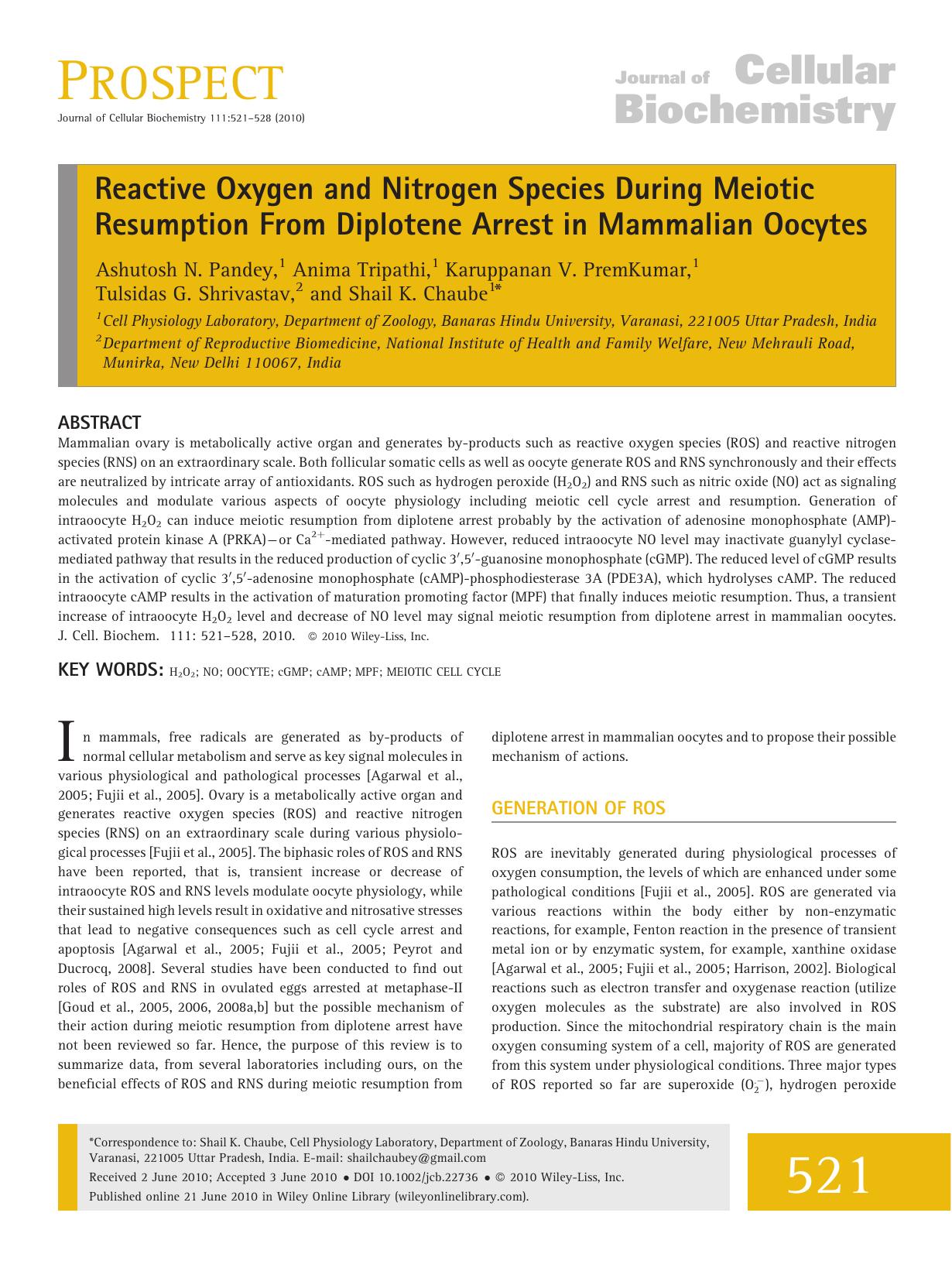 Reactive oxygen and nitrogen species during meiotic resumption from diplotene arrest in mammalian oocytes by Unknown