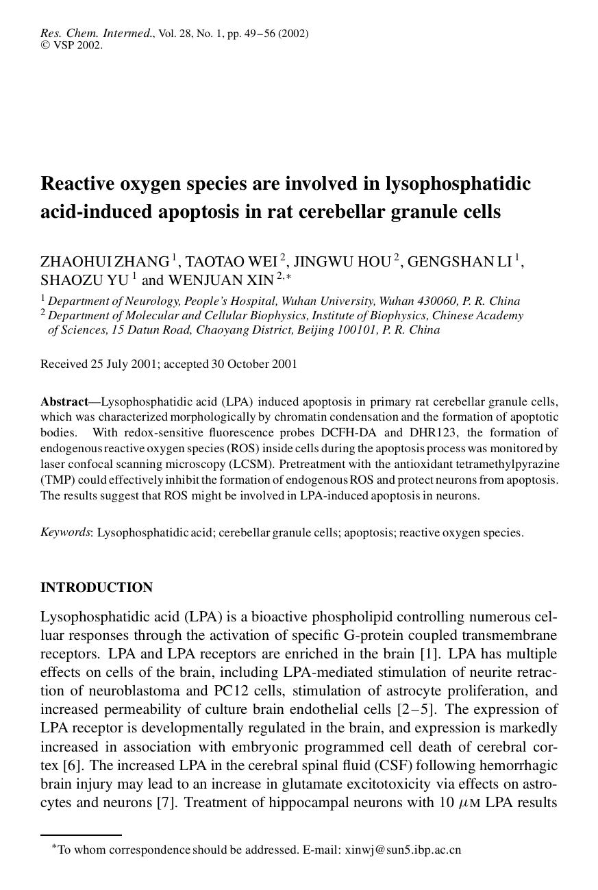 Reactive oxygen species are involved in lysophosphatidic acid-induced apoptosis in rat cerebellar granule cells by Unknown