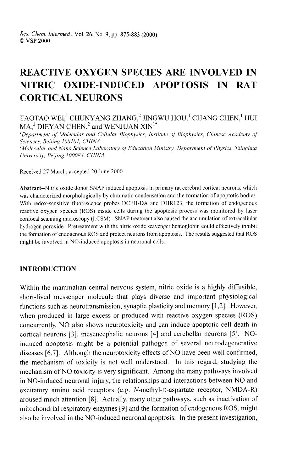 Reactive oxygen species are involved in nitric oxide-induced apoptosis in rat cortical neurons by Unknown