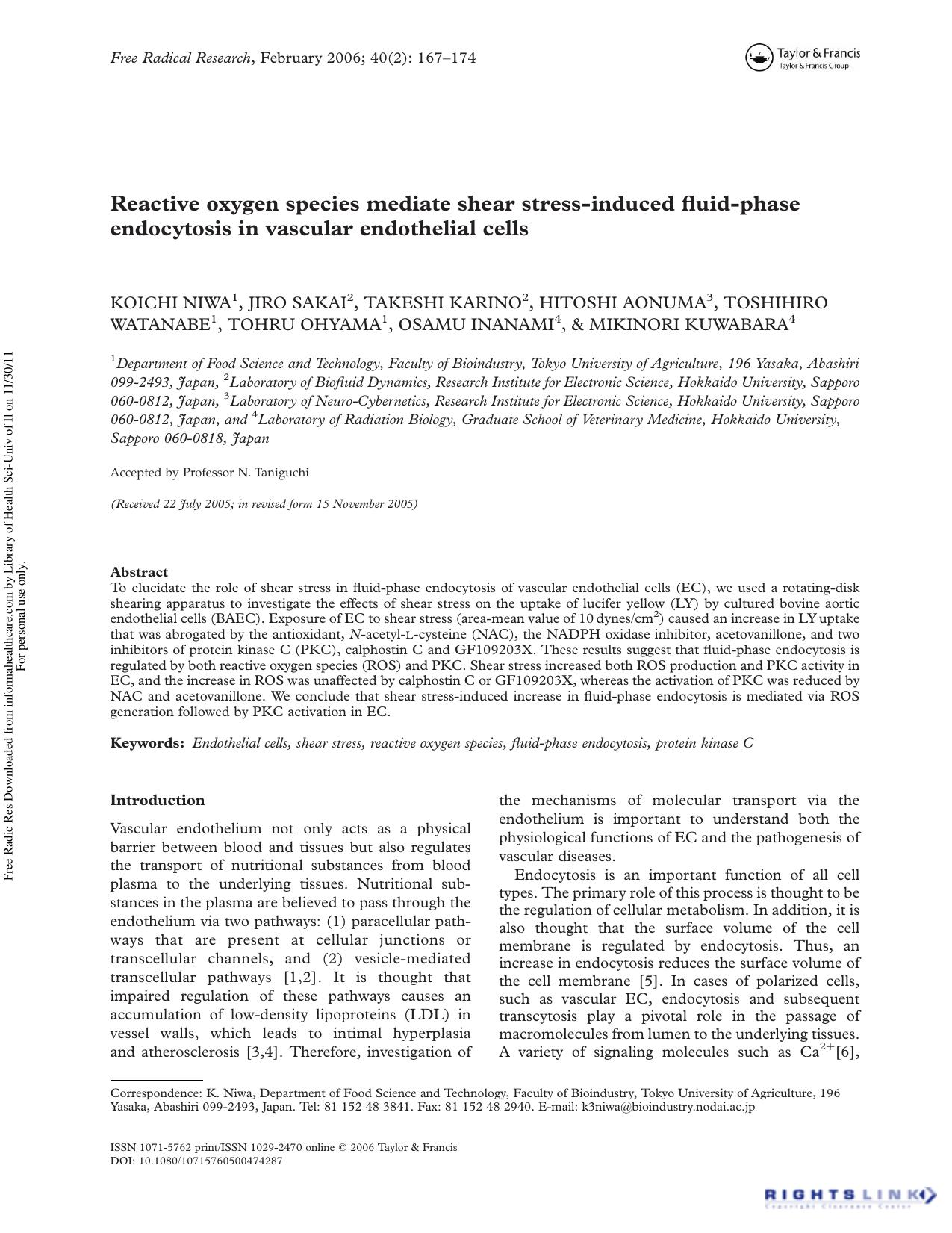 Reactive oxygen species mediate shear stress-induced fluid-phase endocytosis in vascular endothelial cells by unknow
