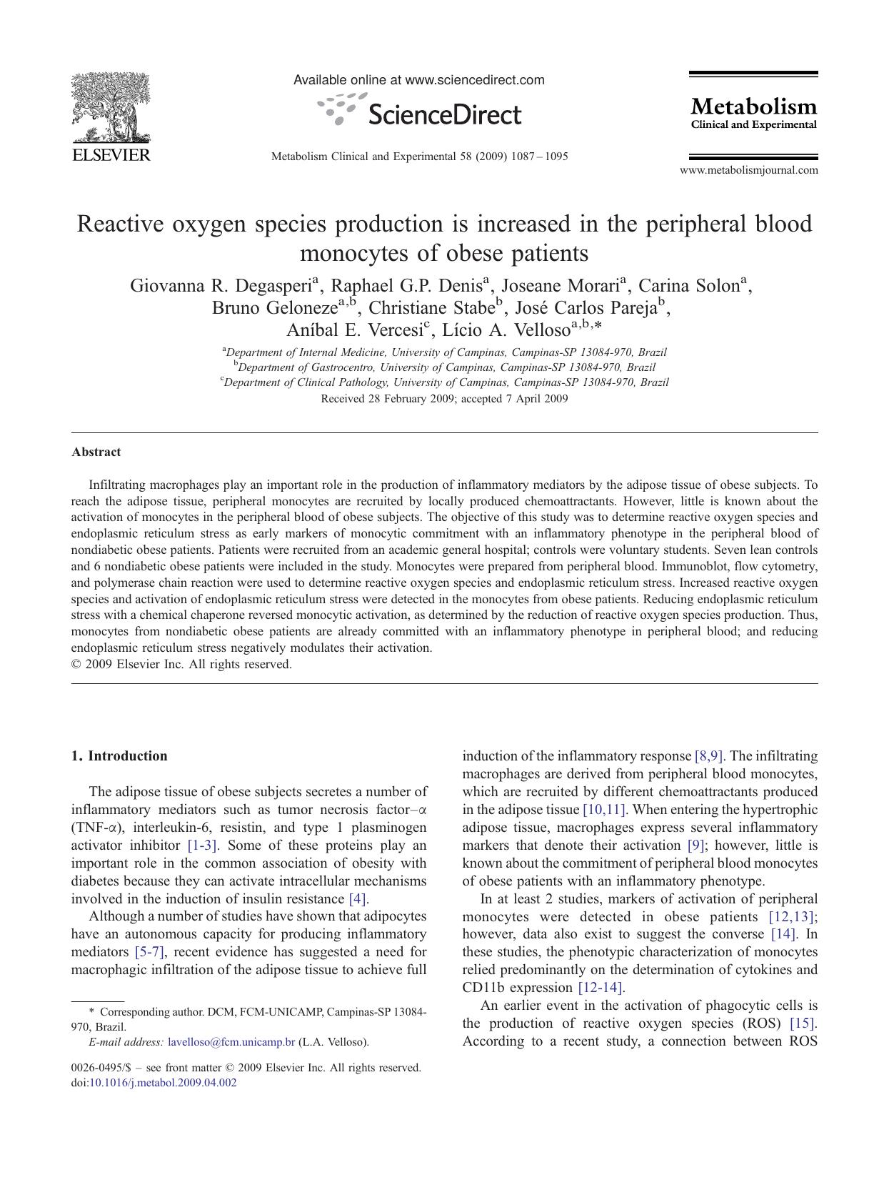 Reactive oxygen species production is increased in the peripheral blood monocytes of obese patients by unknow