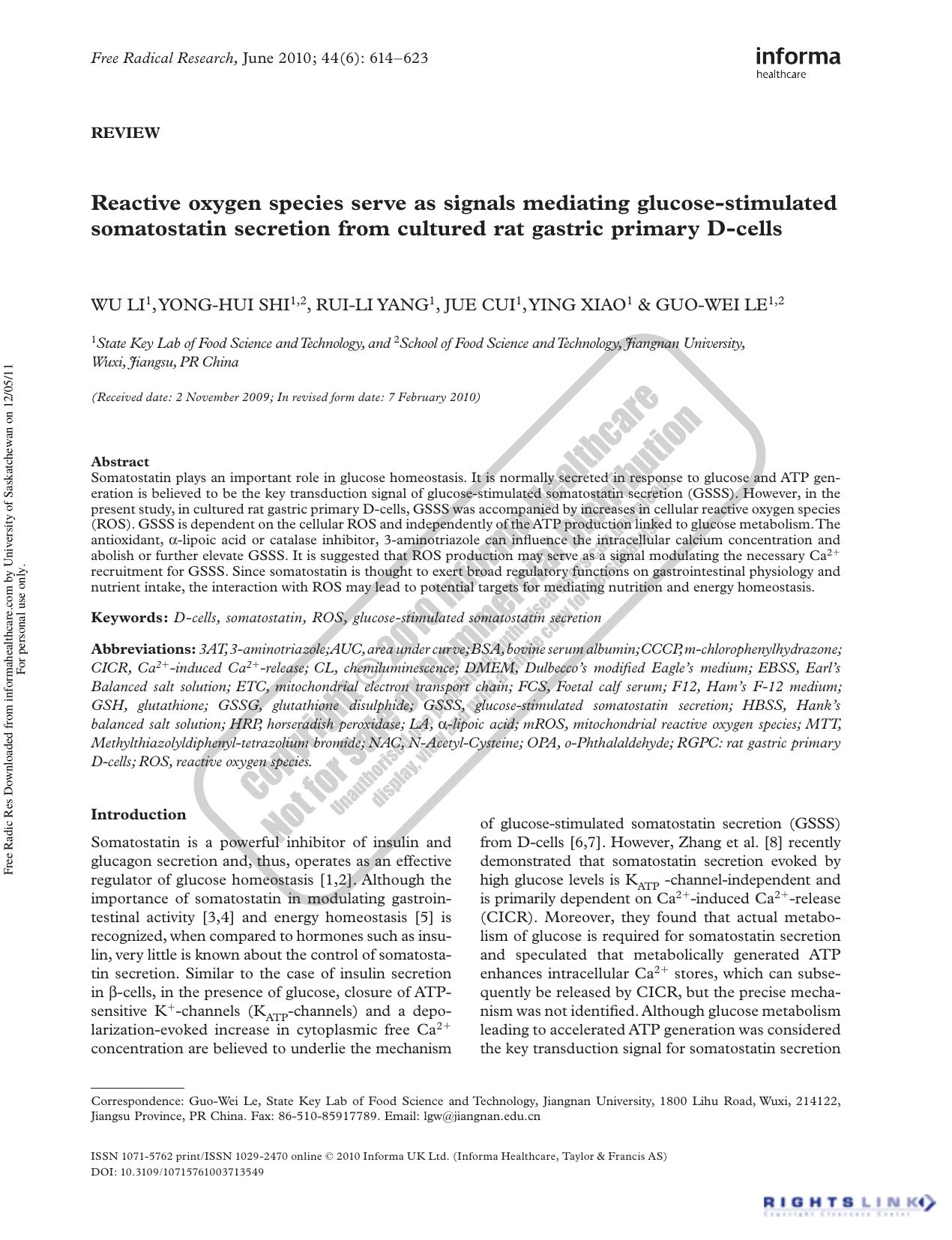 Reactive oxygen species serve as signals mediating glucose-stimulated somatostatin secretion from cultured rat gastric primary D-cells by Wu Li 1 Yong-Hui Shi 1 2 Rui-Li Yang 1 Jue Cui 1 Ying Xiao 1 & Guo-Wei Le 1 2lgw@jiangnan.edu.cn