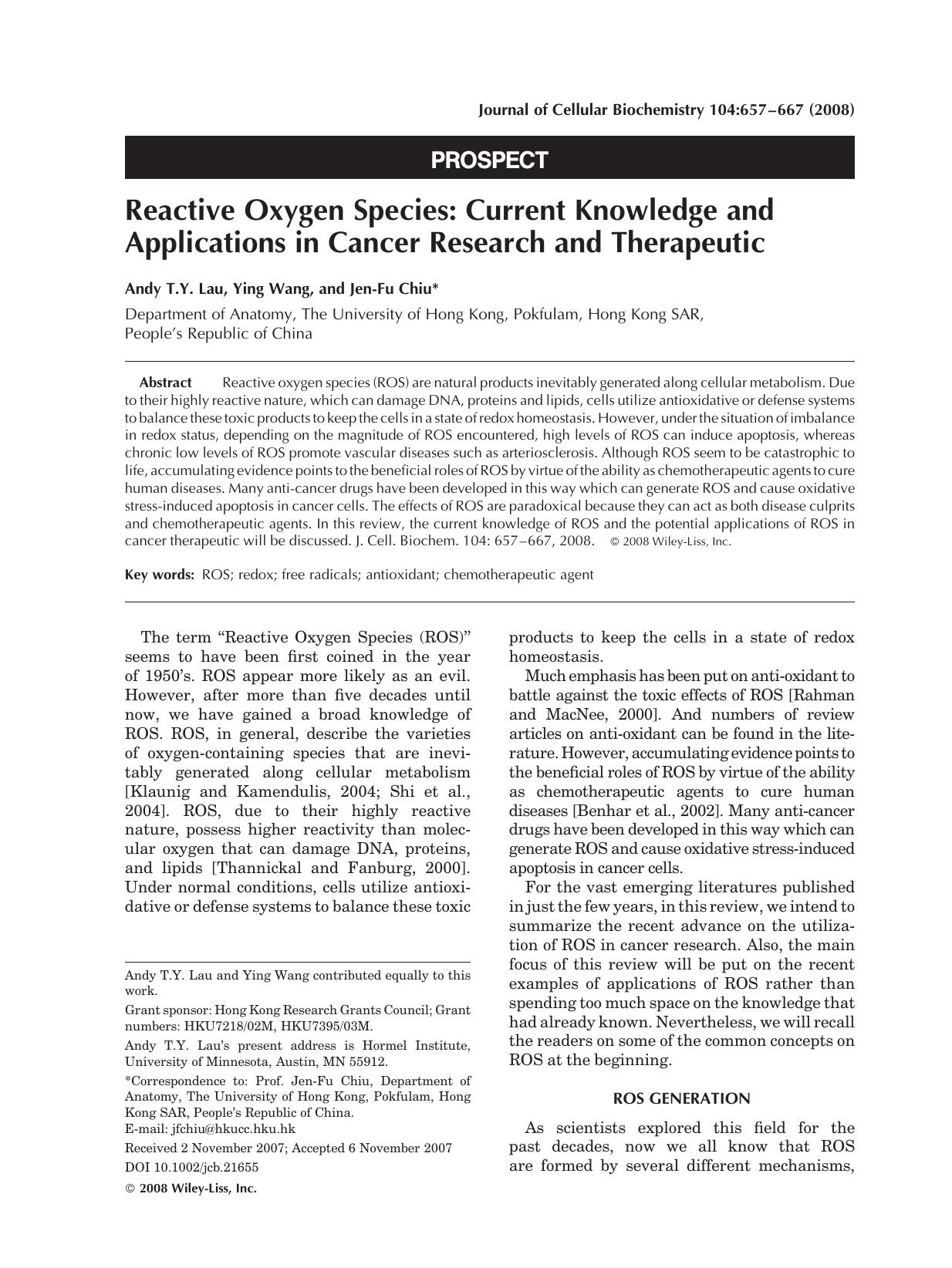 Reactive oxygen species: Current knowledge and applications in cancer research and therapeutic by Unknown