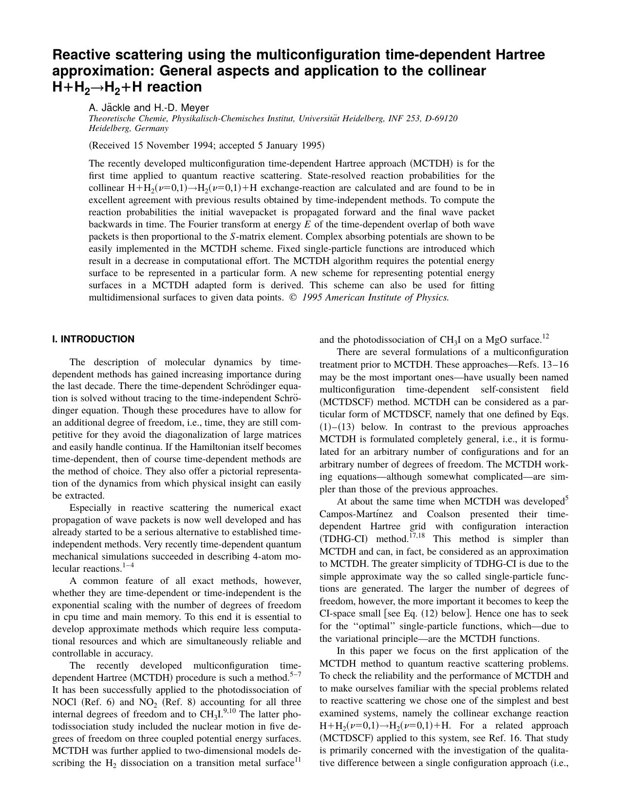 Reactive scattering using the multiconfiguration by A. Jackle and H.-D. Meyer