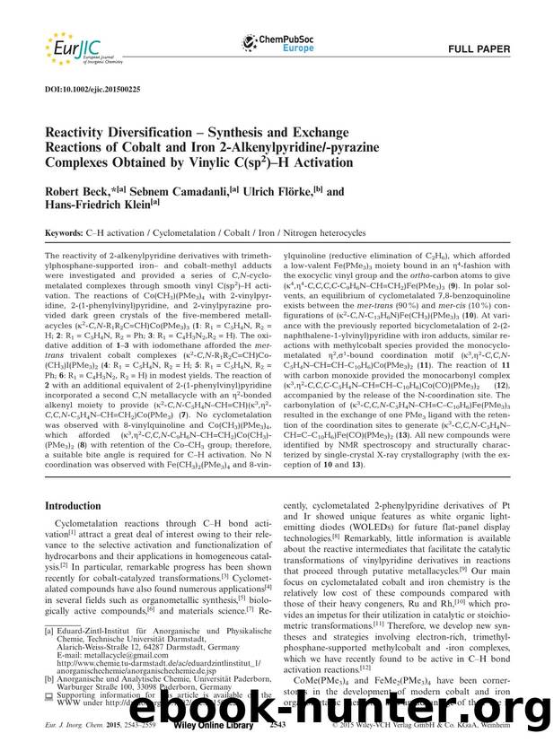 Reactivity Diversification  Synthesis and Exchange Reactions of Cobalt and Iron 2Alkenylpyridinepyrazine Complexes Obtained by Vinylic C(sp2)H Activation by Unknown
