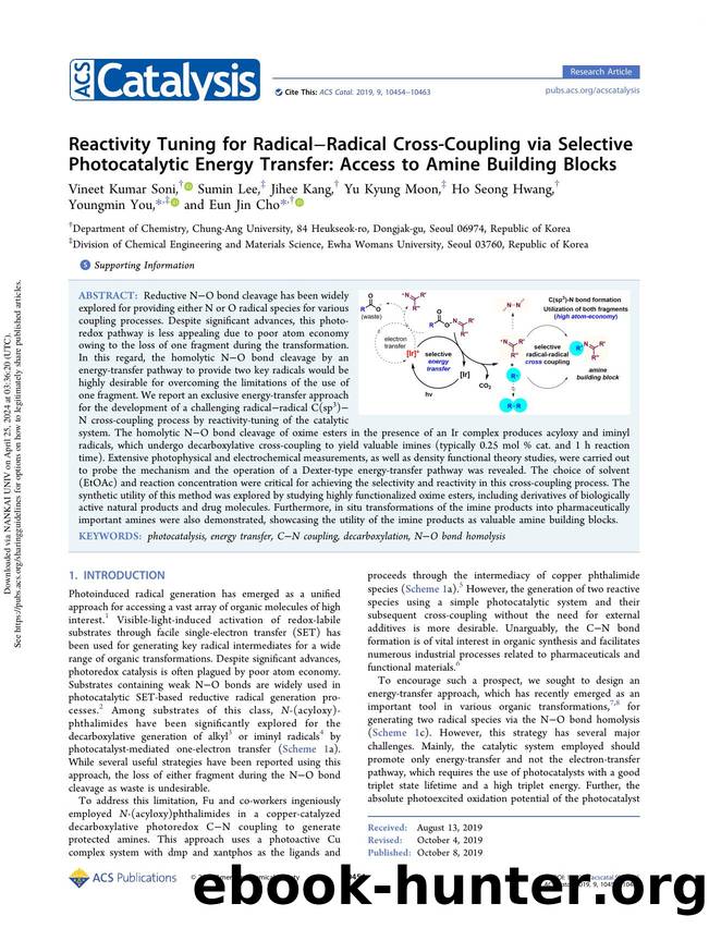 Reactivity Tuning for RadicalâRadical Cross-Coupling via Selective Photocatalytic Energy Transfer: Access to Amine Building Blocks by Vineet Kumar Soni Sumin Lee Jihee Kang Yu Kyung Moon Ho Seong Hwang Youngmin You & Eun Jin Cho
