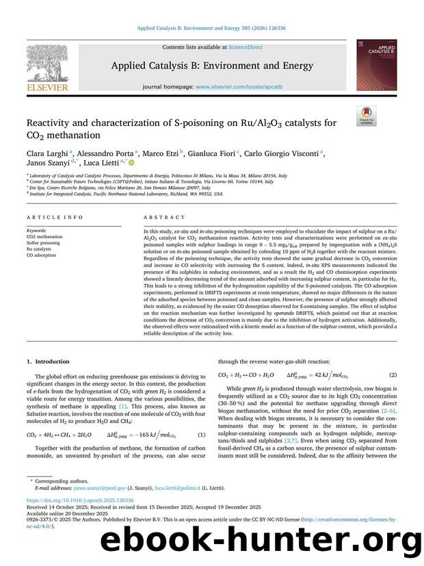 Reactivity and characterization of S-poisoning on RuAl2O3 catalysts for CO2 methanation by Clara Larghi