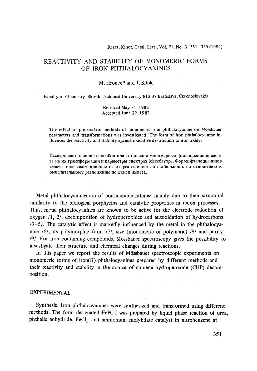 Reactivity and stability of monomeric forms of iron phthalocyanines by Unknown