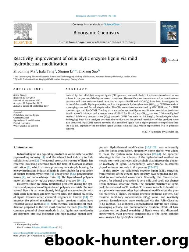 Reactivity improvement of cellulolytic enzyme lignin via mild hydrothermal modification by Zhuoming Ma & Jiafa Tang & Shujun Li & Enxiang Suo