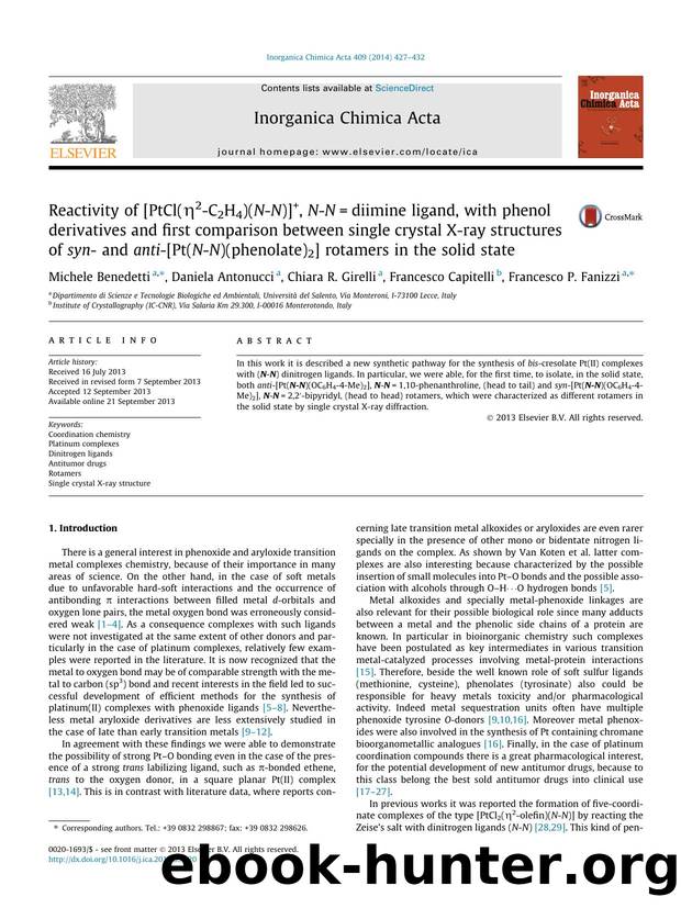 Reactivity of [PtCl(ÃÂ·2-C2H4)(N-N)]+, N-N=diimine ligand, with phenol derivatives and first comparison between single crystal X-ray structures of syn- and anti-[Pt(N-N)(phenolate by unknow