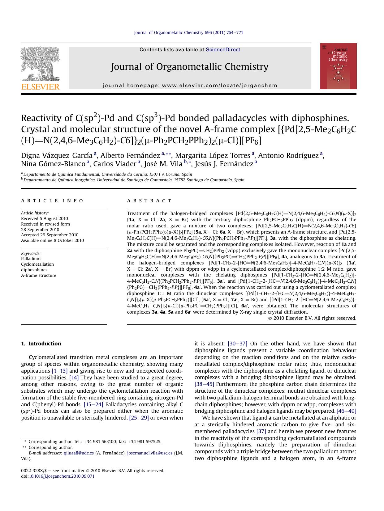 Reactivity of C(sp2)-Pd and C(sp3)-Pd bonded palladacycles with diphosphines. Crystal and molecular structure of the novel A-frame complex [{Pd[2,5-Me2C6H2C(H)N(2,4,6-Me3C6H2)-C6]} by unknow