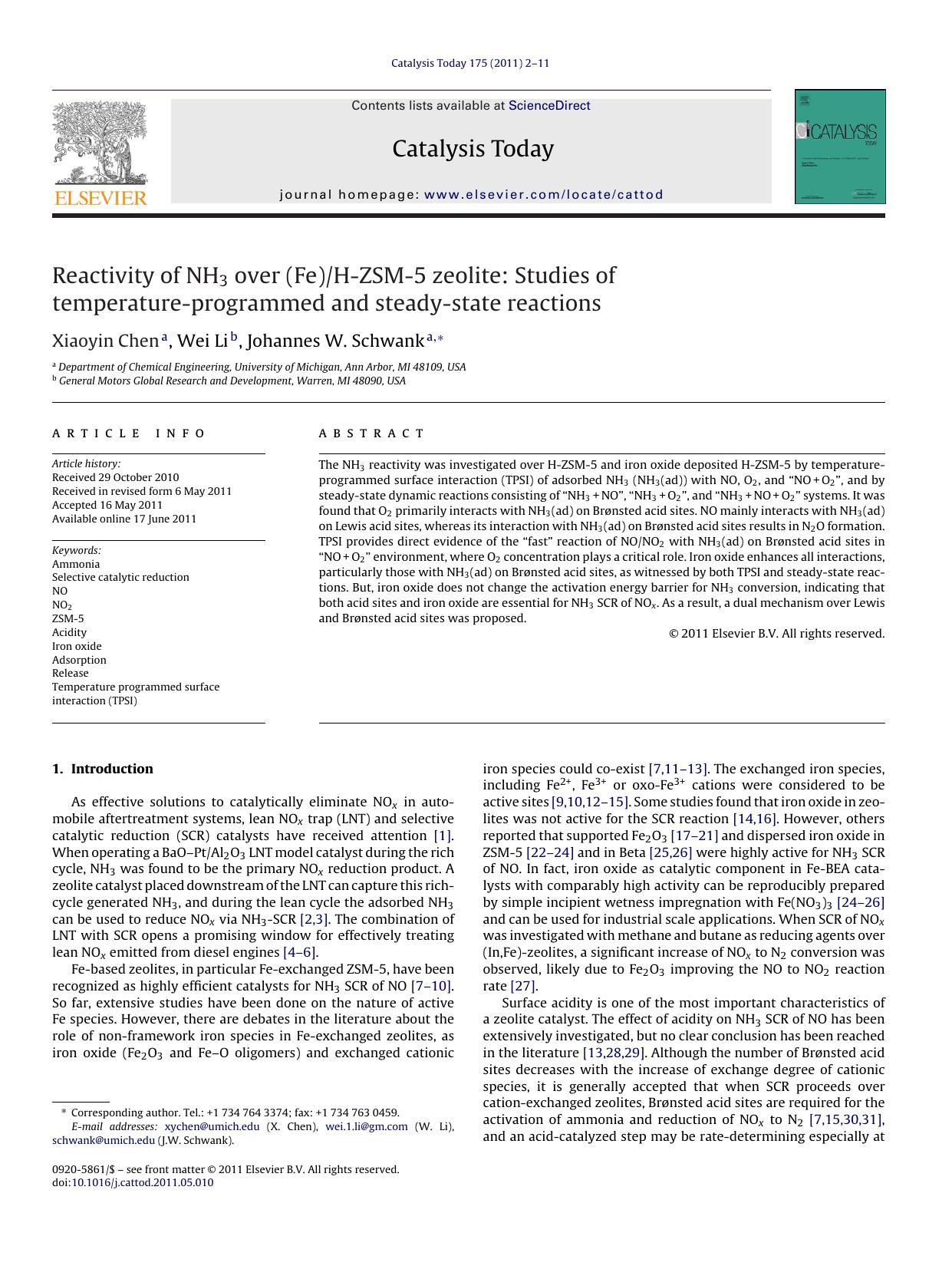 Reactivity of NH3 over (Fe)H-ZSM-5 zeolite: Studies of temperature-programmed and steady-state reactions by Xiaoyin Chen