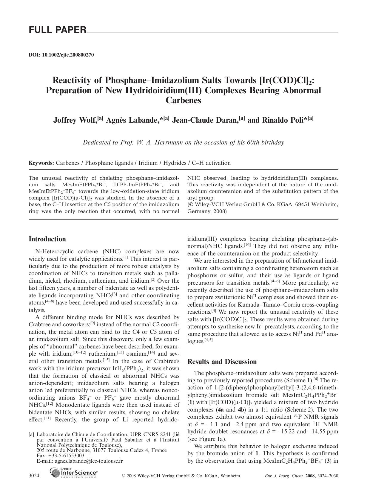 Reactivity of Phosphane-Imidazolium Salts Towards [Ir(COD)Cl]2: Preparation of New Hydridoiridium(III) Complexes Bearing Abnormal Carbenes by Unknown