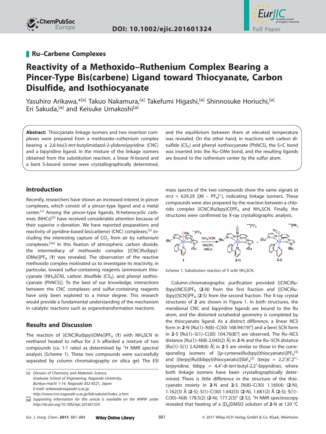 Reactivity of a Methoxido&#x02013;Ruthenium Complex Bearing a Pincer&#x02010;Type Bis(carbene) Ligand toward Thiocyanate, Carbon Disulfide, and Isothiocyanate by Unknown