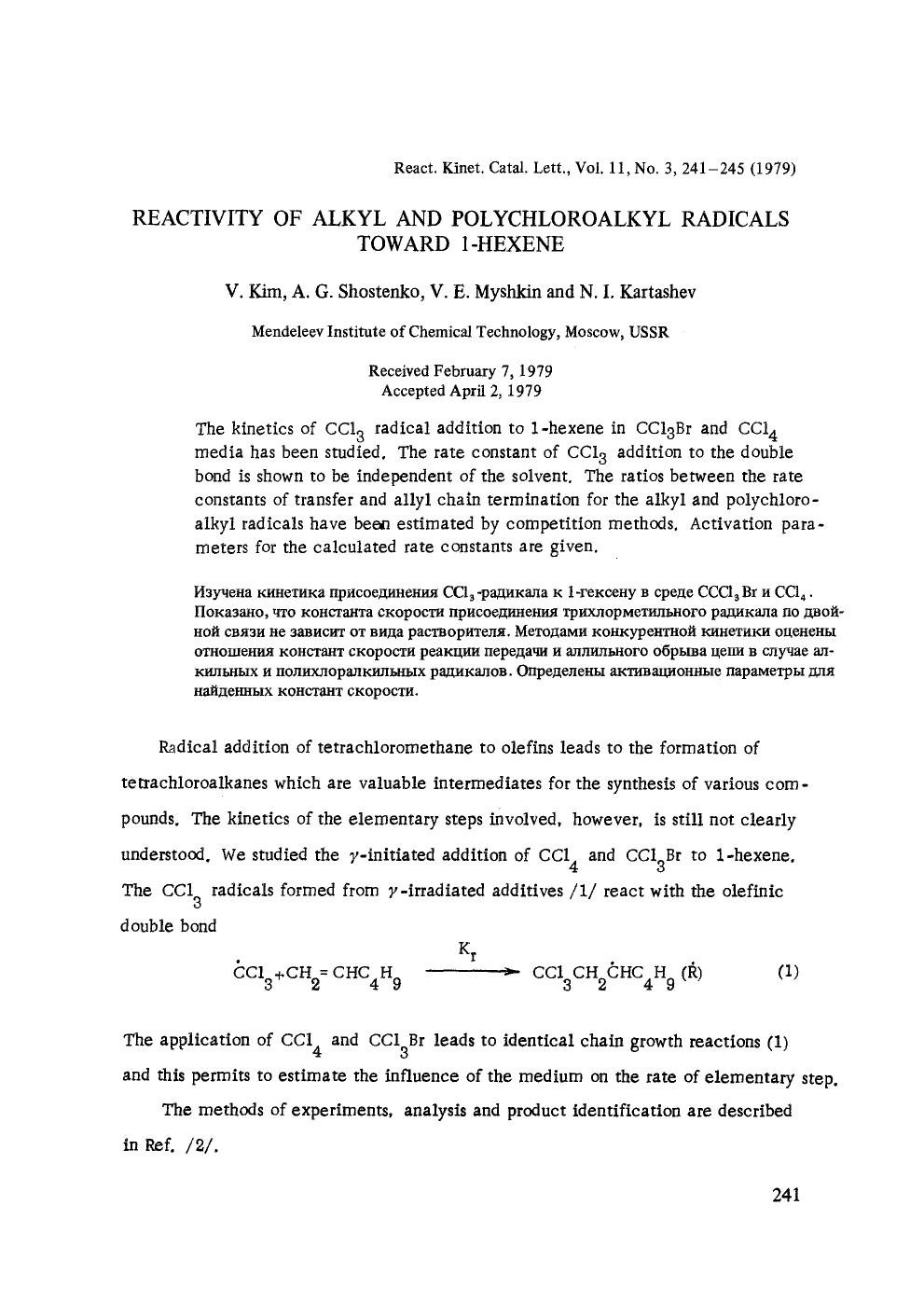Reactivity of alkyl and polychloroalkyl radicals toward 1-hexene by Unknown