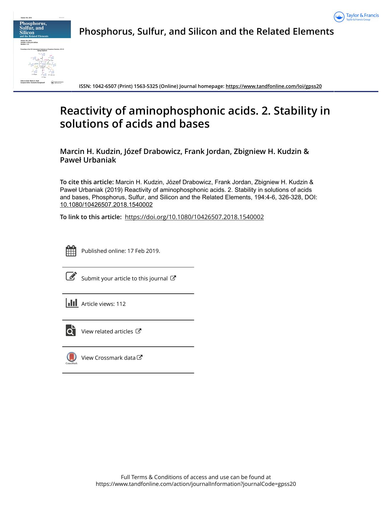 Reactivity of aminophosphonic acids. 2. Stability in solutions of acids and bases by Kudzin Marcin H. & Drabowicz Józef & Jordan Frank & Kudzin Zbigniew H. & Urbaniak Paweł