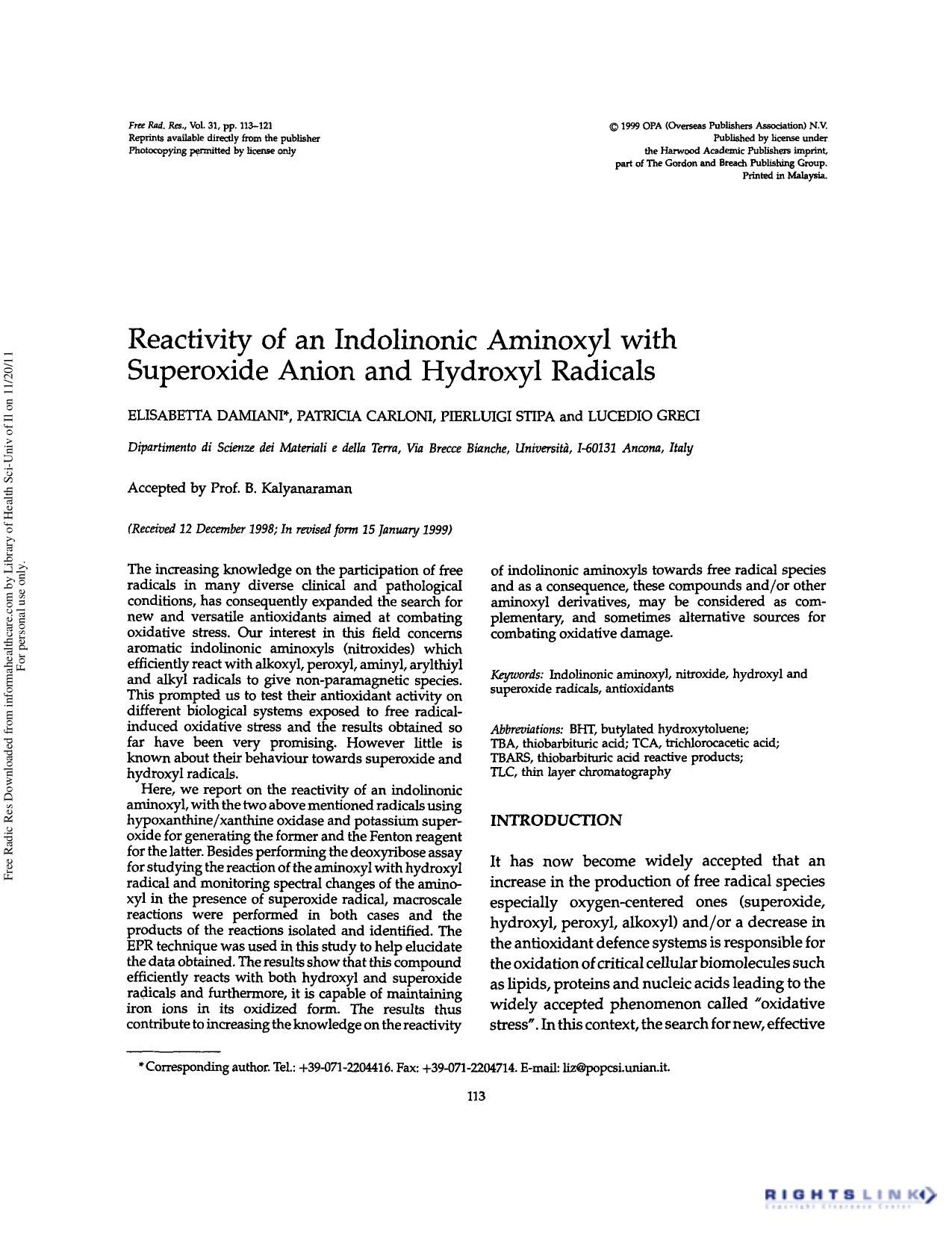 Reactivity of an indolinonic aminoxyl with superoxide anion and hydroxyl radicals by Elisabetta Damiani Patricia Carloni Pierluigi Stipa & Lucedio Greci
