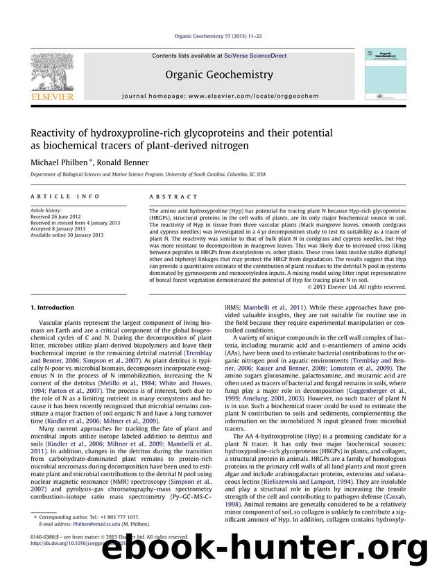 Reactivity of hydroxyproline-rich glycoproteins and their potential as biochemical tracers of plant-derived nitrogen by Michael Philben & Ronald Benner