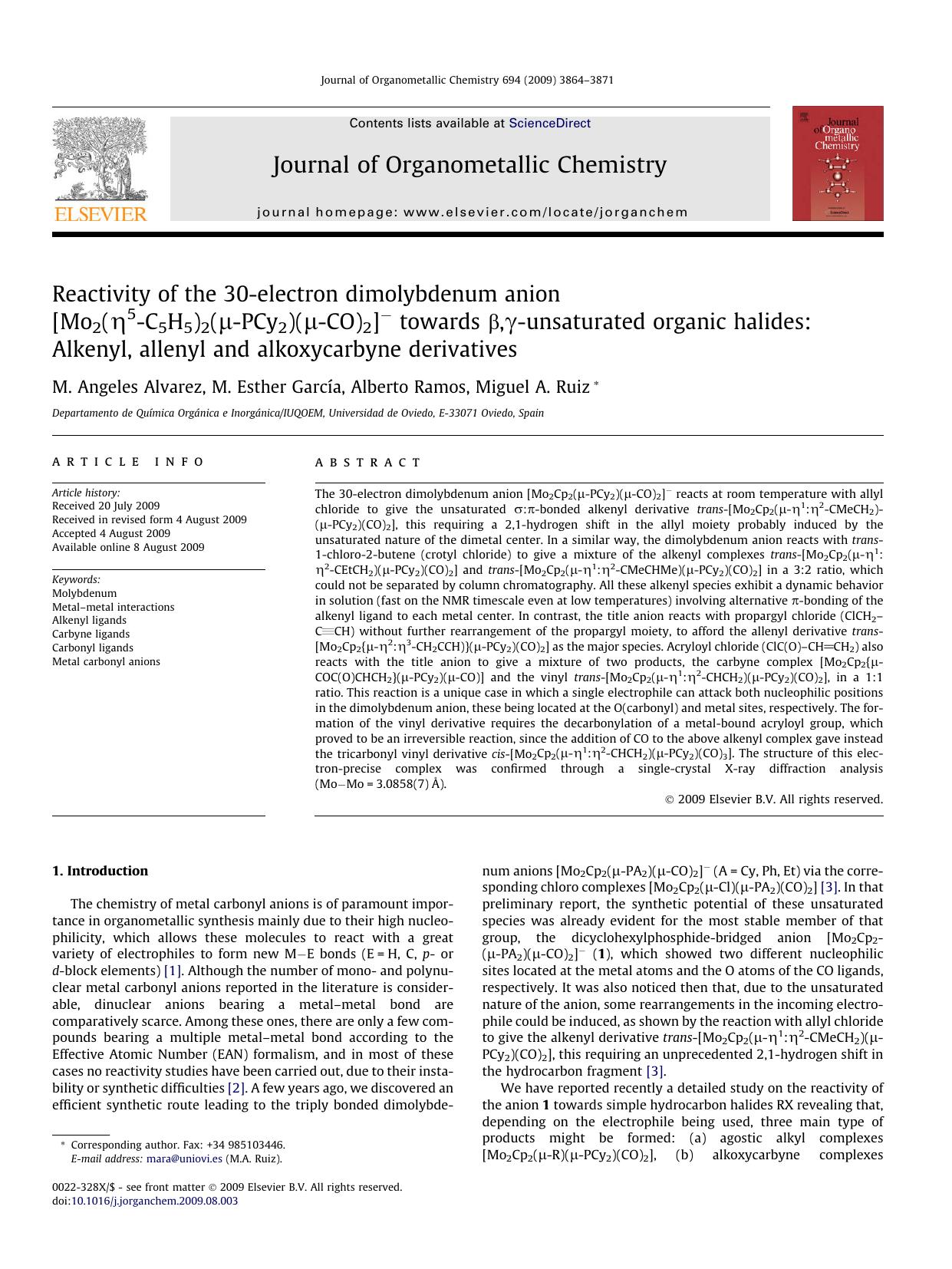 Reactivity of the 30-electron dimolybdenum anion [Mo2(η5-C5H5)2(μ-PCy2)(μ-CO)2]− towards β,γ-unsaturated organic halides: Alkenyl, allenyl and alkoxycarbyne derivatives by M. Angeles Alvarez; M. Esther García; Alberto Ramos; Miguel A. Ruiz