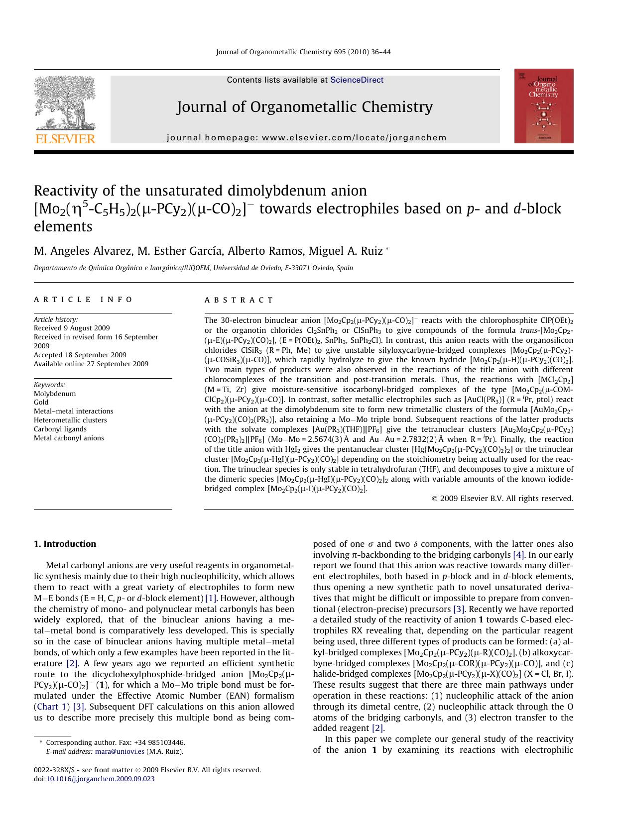 Reactivity of the unsaturated dimolybdenum anion [Mo2(η5-C5H5)2(μ-PCy2)(μ-CO)2]− towards electrophiles based on p- and d-block elements by M. Angeles Alvarez; M. Esther García; Alberto Ramos; Miguel A. Ruiz