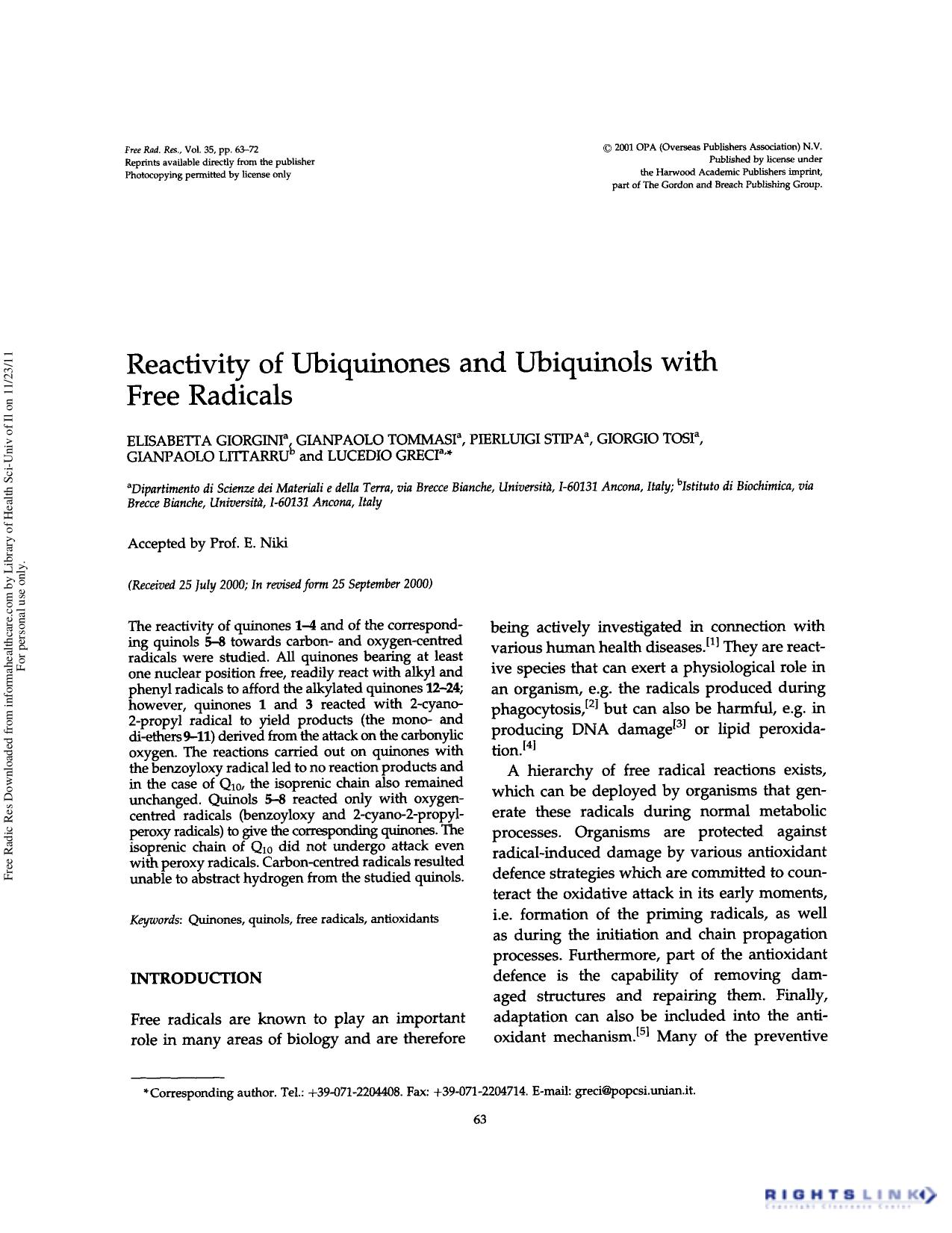 Reactivity of ubiquinones and ubiquinols with free radicals by unknow