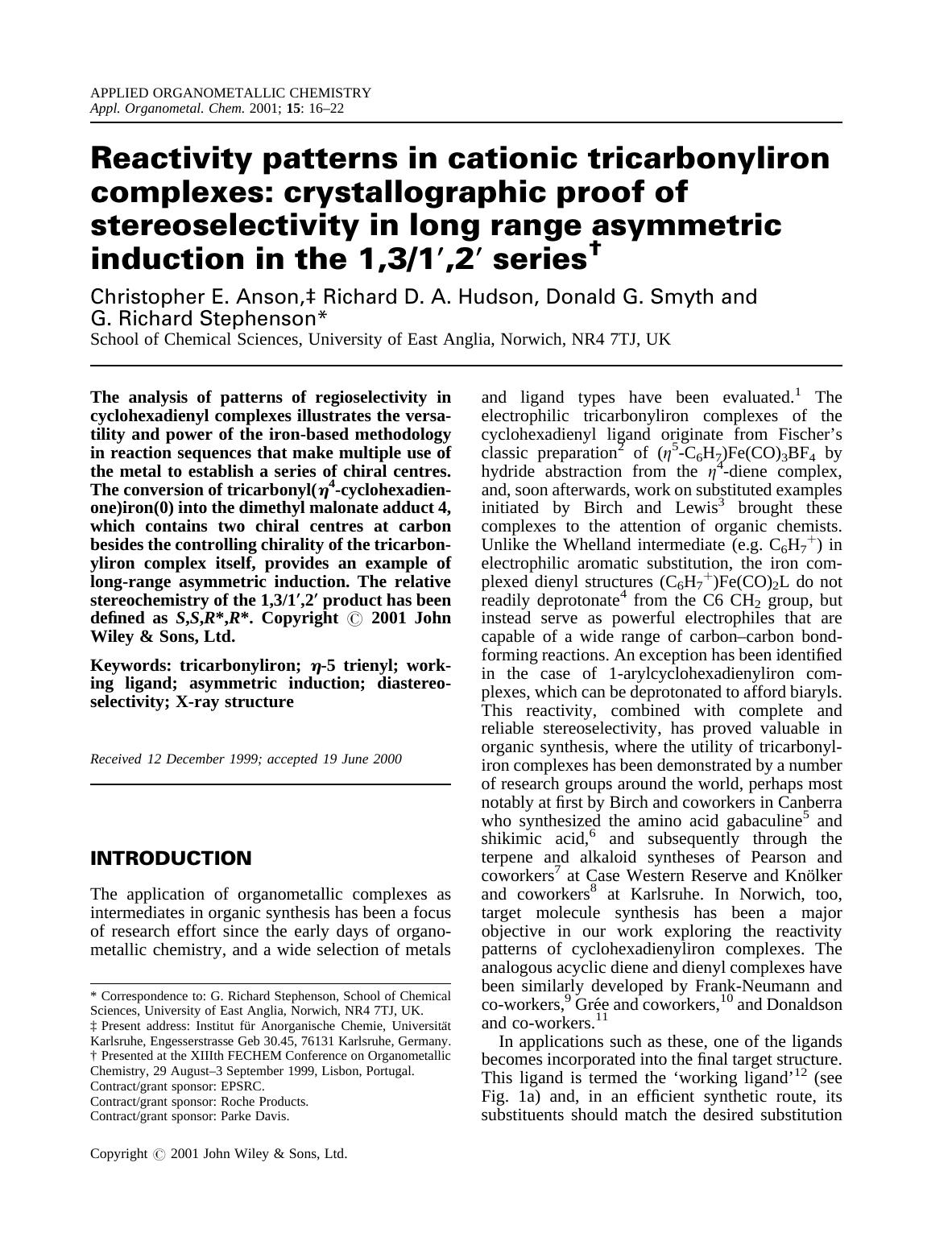 Reactivity patterns in cationic tricarbonyliron complexes: crystallographic proof of stereoselectivity in long range asymmetric induction in the 1,31[prime],2[prime] series by Unknown