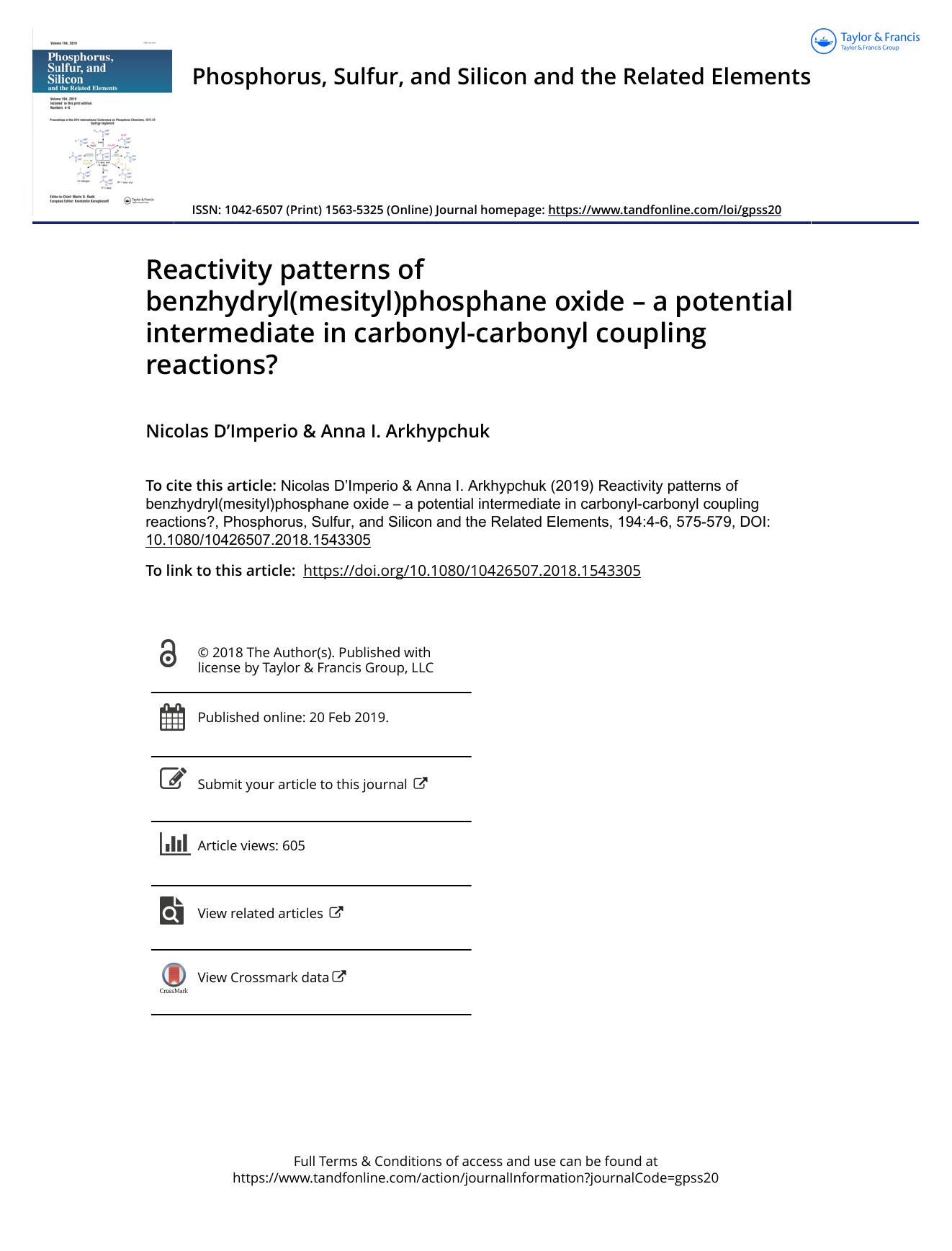 Reactivity patterns of benzhydryl(mesityl)phosphane oxide â a potential intermediate in carbonyl-carbonyl coupling reactions? by D’Imperio Nicolas & Arkhypchuk Anna I