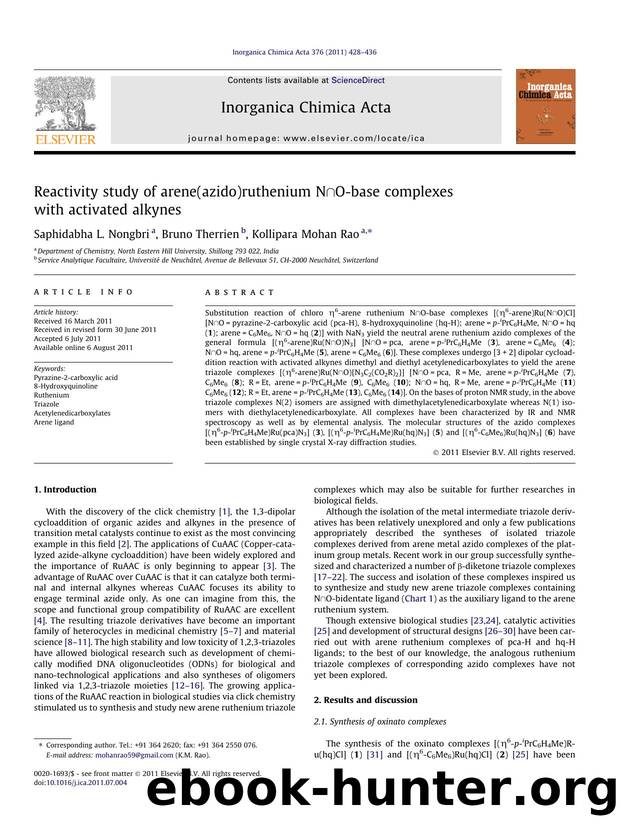 Reactivity study of arene(azido)ruthenium NÃ¢ËÂ©O-base complexes with activated alkynes by Saphidabha L. Nongbri & Bruno Therrien & Kollipara Mohan Rao