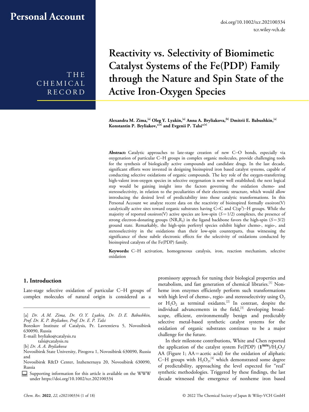 Reactivity vs. Selectivity of Biomimetic Catalyst Systems of the Fe(PDP) Family through the Nature and Spin State of the Active IronâOxygen Species by Unknown