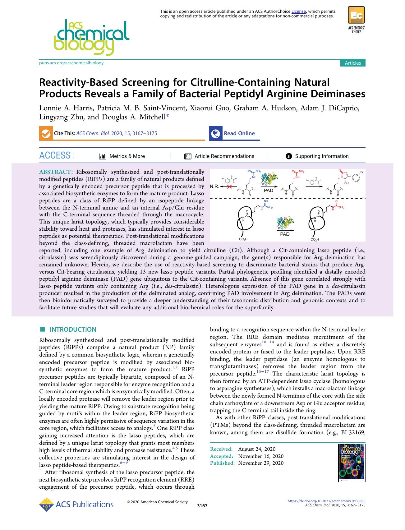 Reactivity-Based Screening for Citrulline-Containing Natural Products Reveals a Family of Bacterial Peptidyl Arginine Deiminases by unknow