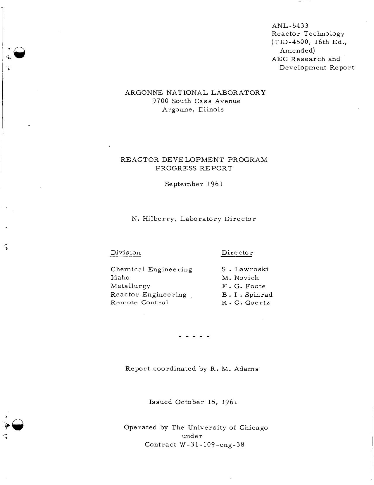 Reactor development program progress report by Argonne National Laboratory.; U.S. Atomic Energy Commission
