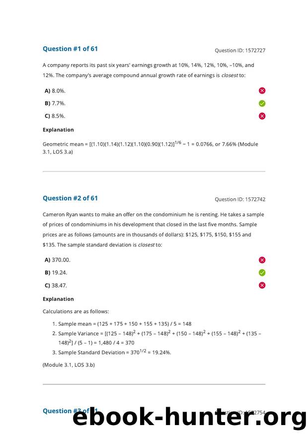 Reading 3 Statistical Measures of Asset Returns by Answers