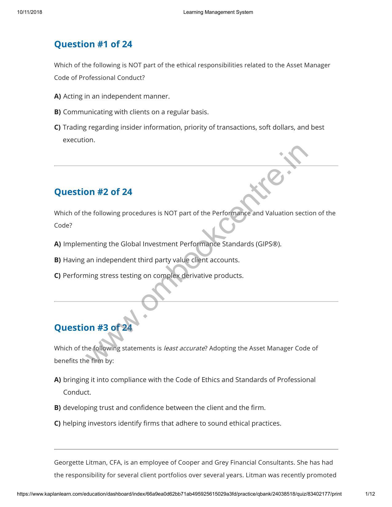 Reading 4 Asset Manager Code of Professional Conduct Questions by Unknown