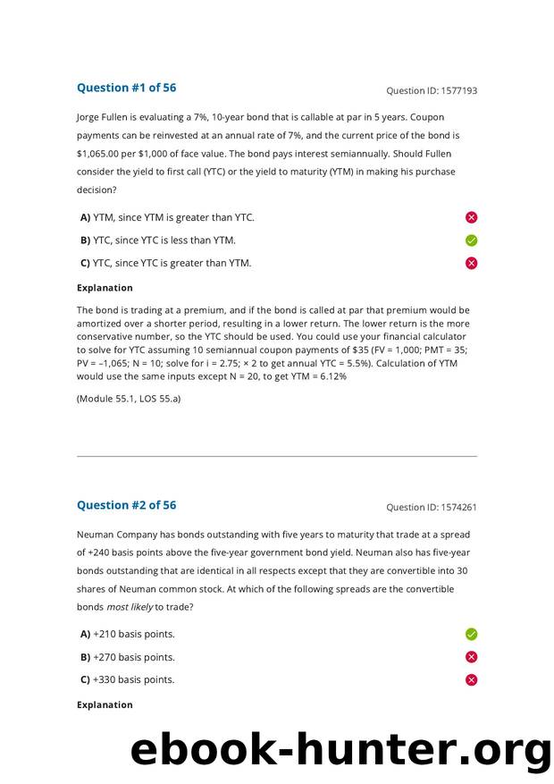 Reading 55 Yield and Yield Spread Measures for Fixed-Rate Bonds by Answers