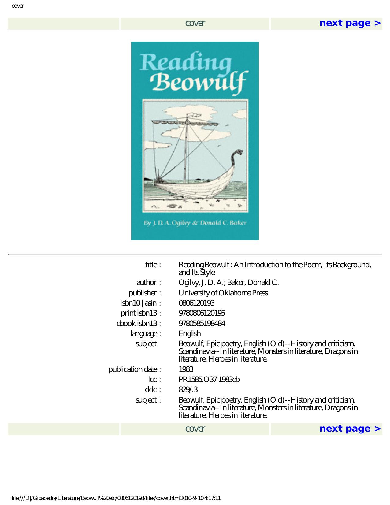 Reading Beowulf: An Introduction to the Poem, Its Background and Its Style by J. D. A. Ogilvy Donald C. Baker