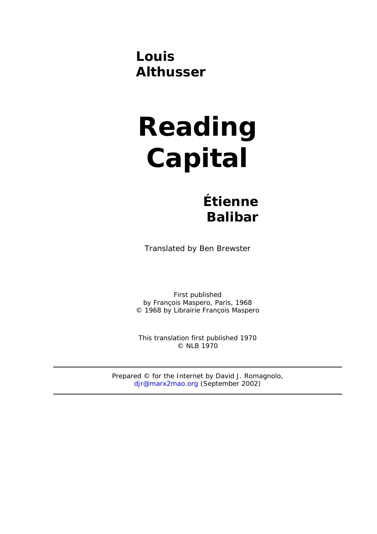 Reading Capital by Louis Althusser & Étienne Balibar