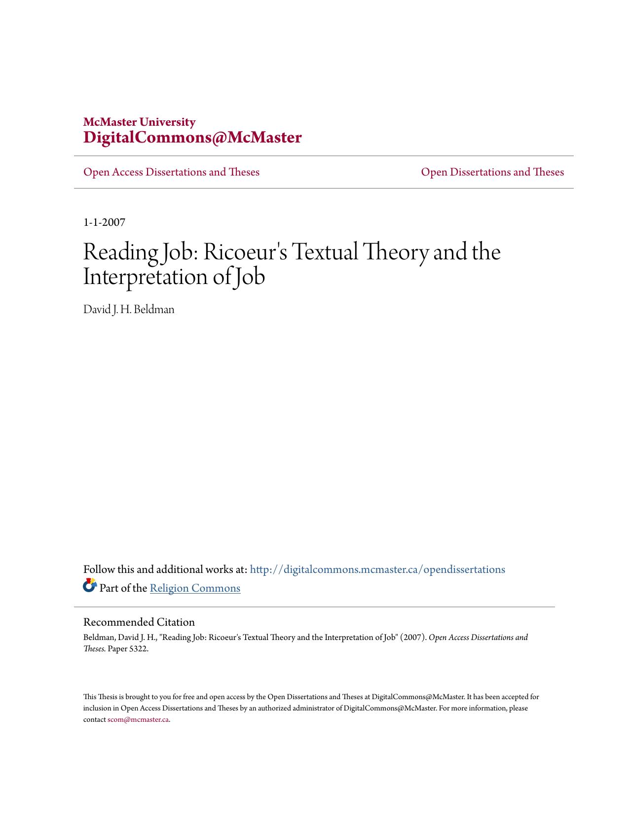 Reading Job: Ricoeurâs Textual Theory and the Interpretation of Job by David J. H. Beldman