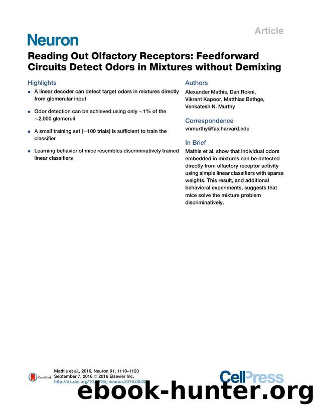 Reading Out Olfactory Receptors: Feedforward Circuits Detect Odors in Mixtures without Demixing by Alexander Mathis & Dan Rokni & Vikrant Kapoor & Matthias Bethge & Venkatesh N. Murthy
