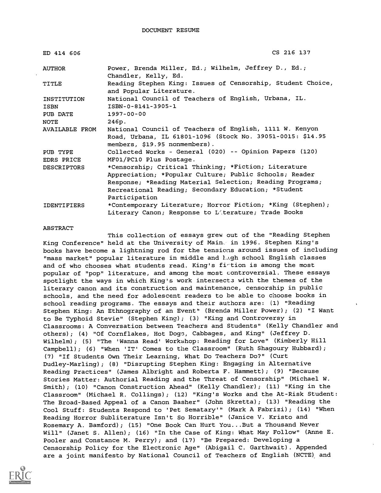Reading Stephen King: Issues of Censorship, Student Choice, and Popular Literature. by Power