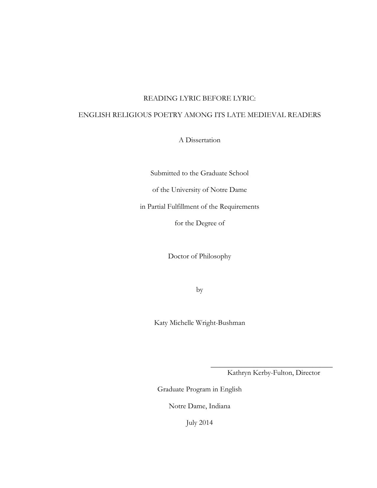 Reading lyric before lyric : English religious poetry among its late medieval readers [thesis] by Katy Wright-Bushman